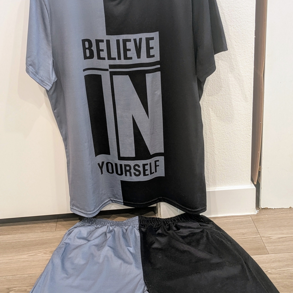Black and Gray Graphic T-Shirt and Shorts Set